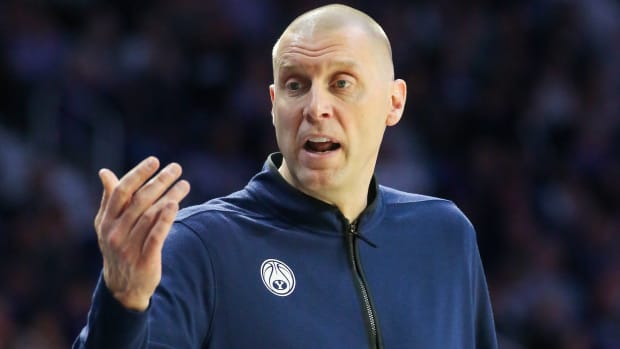 Feb 24, 2024; Manhattan, Kansas, USA; Brigham Young Cougars head coach Mark Pope motions to his bench during the second half against the Kansas State Wildcats at Bramlage Coliseum. Mandatory Credit: Scott Sewell-USA TODAY Sports  